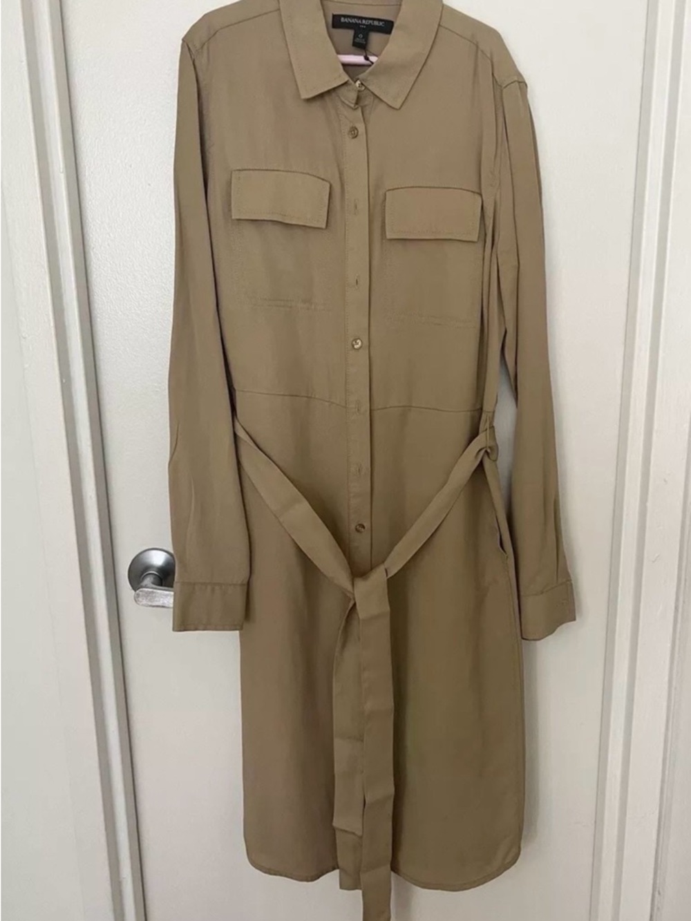 Banana Republic Khaki Collared Long Sleeve Midi Dress With Belt And Pockets